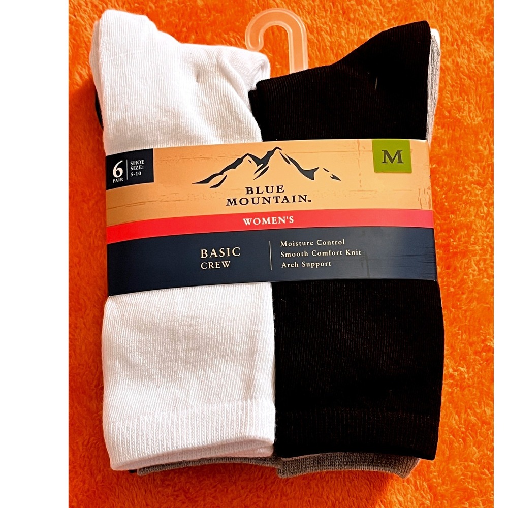 Blue Mountain Womens Basic Crew Socks 6Pair Pack White Black Grey Shoe Size 5-10